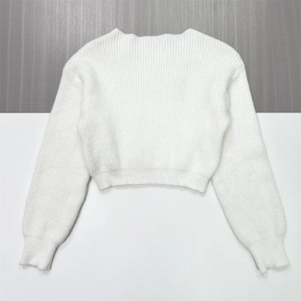 Women's White Ribbed Knit Sweater (Crop Fit, Puff Sleeve & Crew Neck)