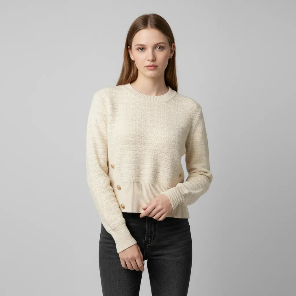 Women's Ivory Textured Knit Sweater (Crop Fit Side Button Accents & Crew Neck)