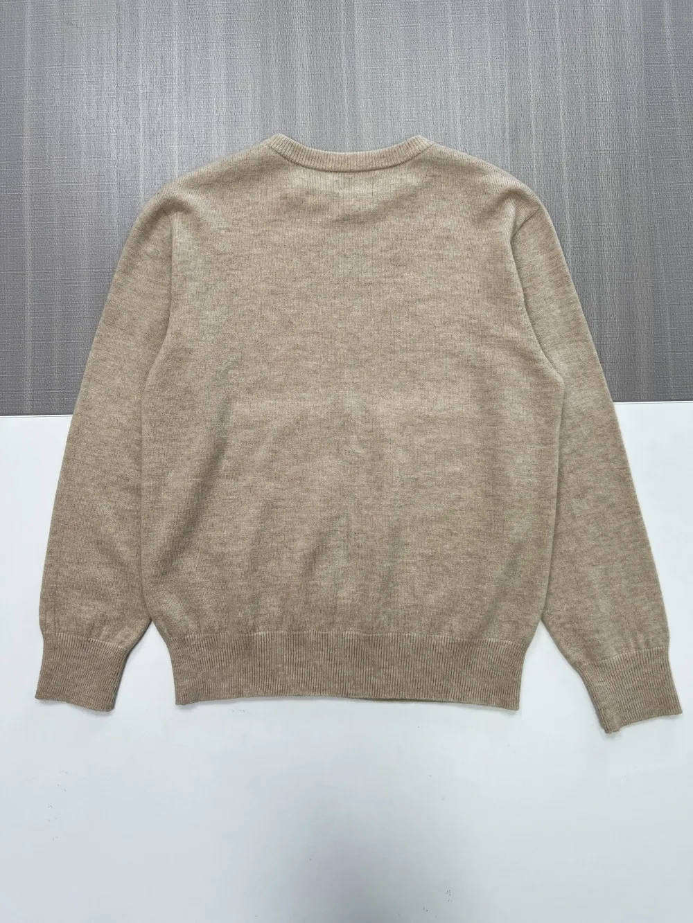 Women's Beige Argyle Knit Sweater (Crew Neck Red & Orange Diamond Pattern)