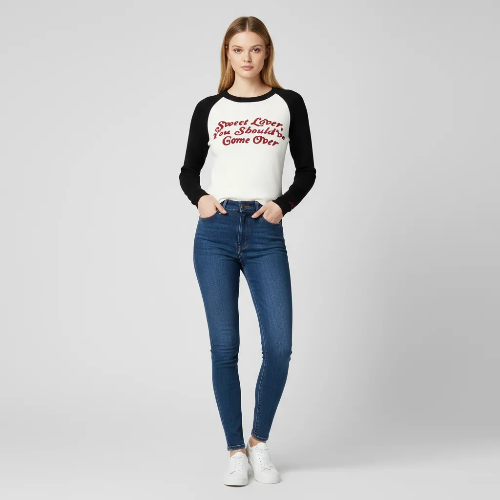 Women's Black & White Raglan-Sleeve Knit Top (Slim Fit, Red Text Embroidery)