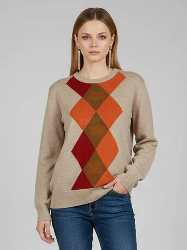 Women's Beige Argyle Knit Sweater (Crew Neck Red & Orange Diamond Pattern)