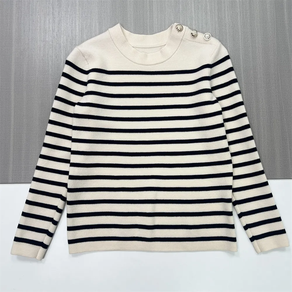 Women's Ivory & Black Striped Knit Sweater (Crew Neck, Shoulder Button Accents)