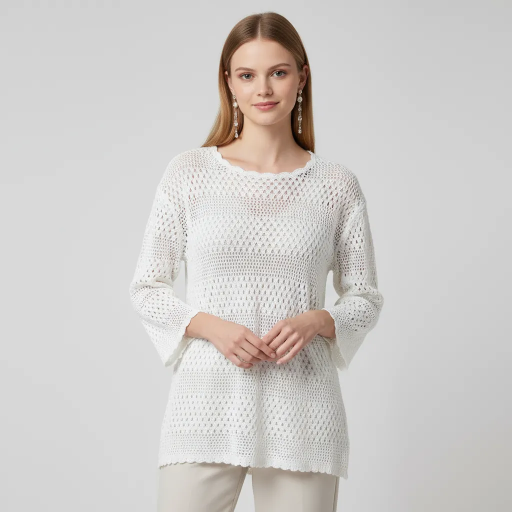 Women's White Openwork Knit Tunic (3/4 Bell Sleeves, Scalloped Hem & Crew Neck)