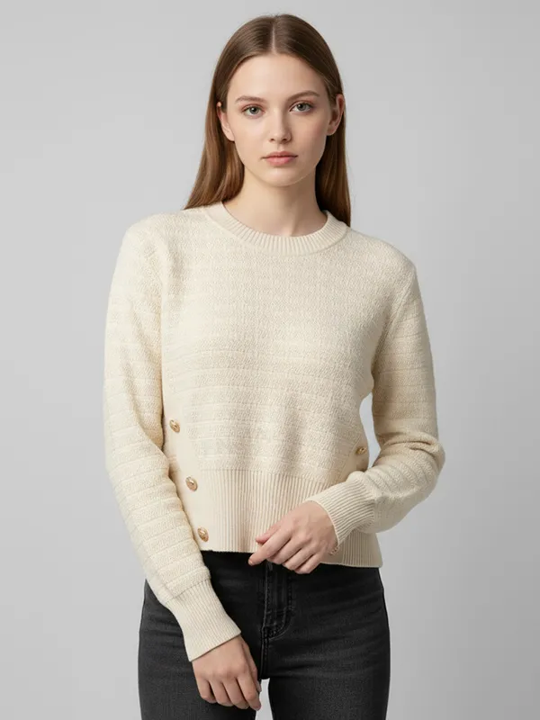 Women's Ivory Textured Knit Sweater (Crop Fit Side Button Accents & Crew Neck)