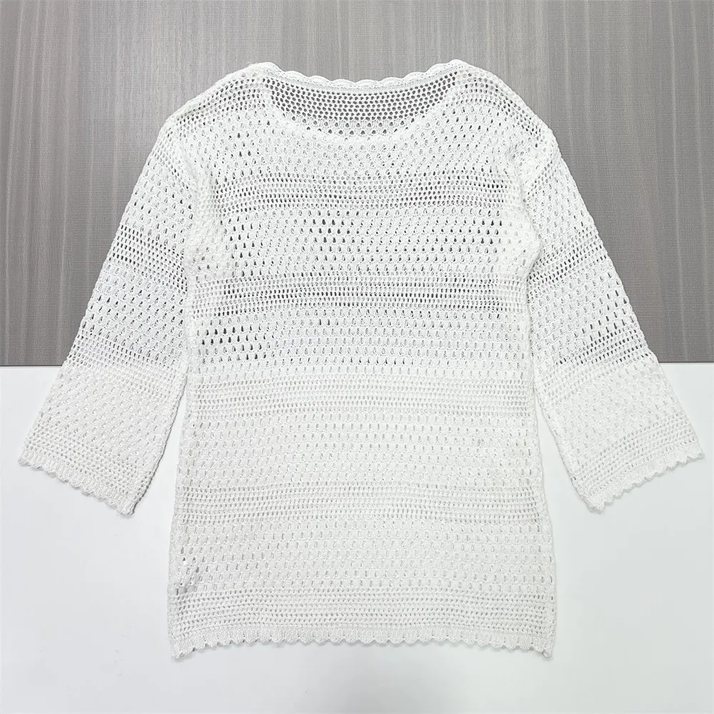 Women's White Openwork Knit Tunic (3/4 Bell Sleeves, Scalloped Hem & Crew Neck)
