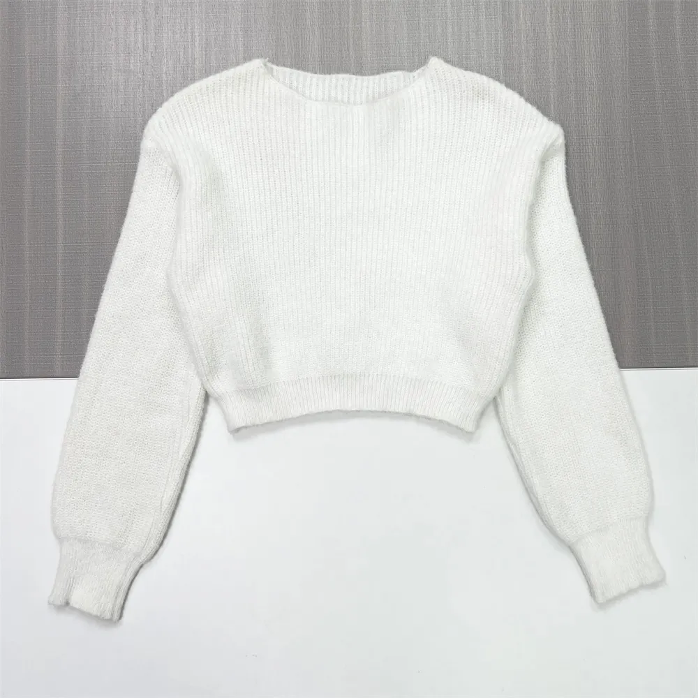 Women's White Ribbed Knit Sweater (Crop Fit, Puff Sleeve & Crew Neck)