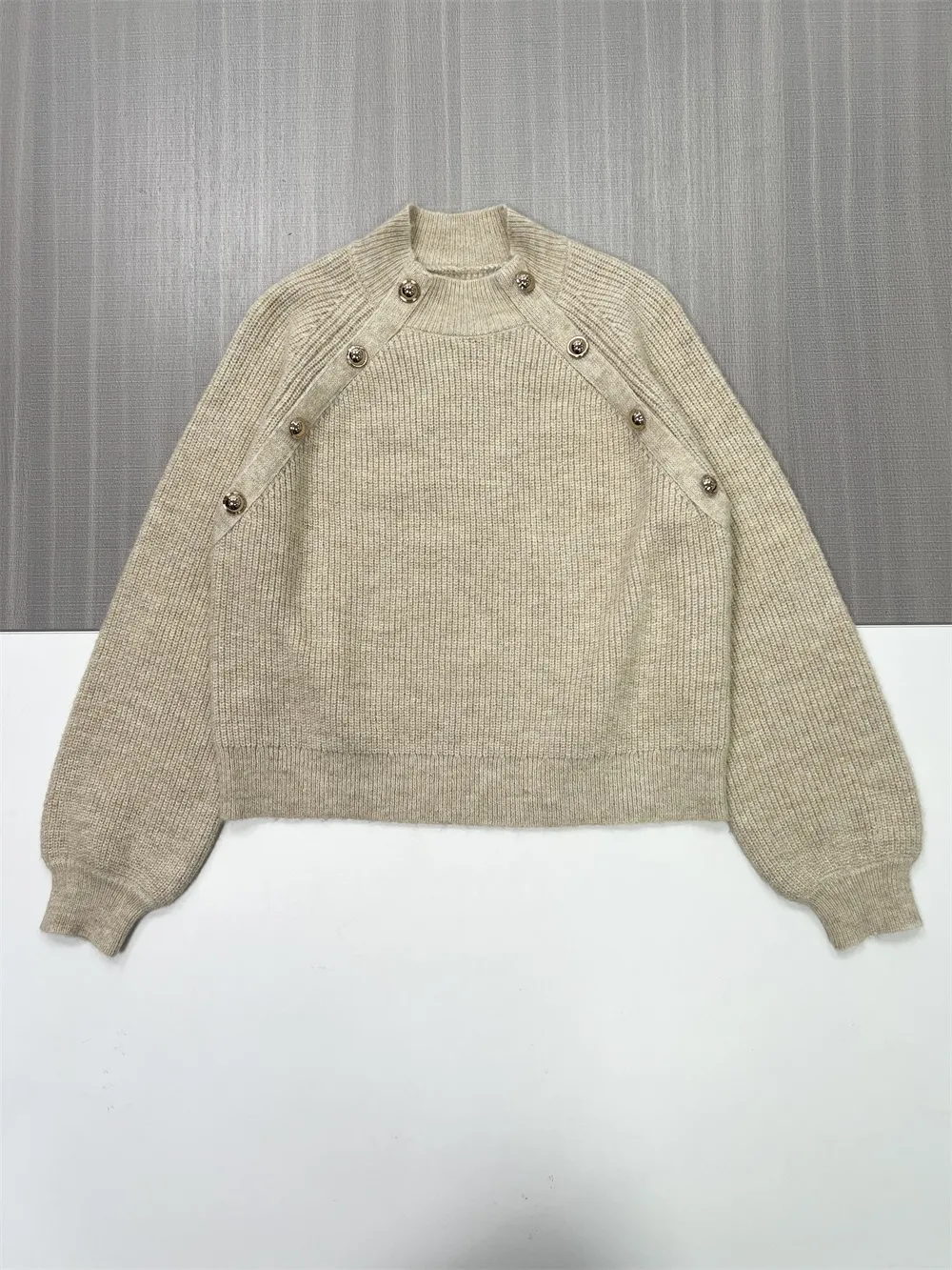 Women's Ivory Textured Knit Sweater (Crop Fit Side Button Accents & Crew Neck)