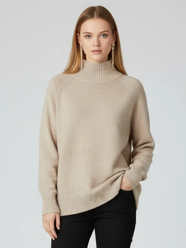 Women's Beige Turtleneck Knit Sweater (Oversized Fit, Soft Texture & Ribbed Trims)