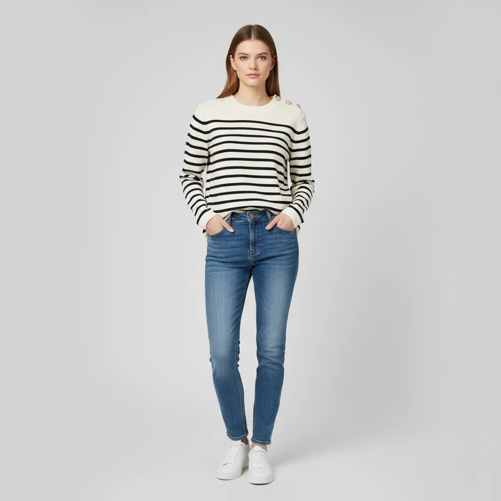 Women's Ivory & Black Striped Knit Sweater (Crew Neck, Shoulder Button Accents)