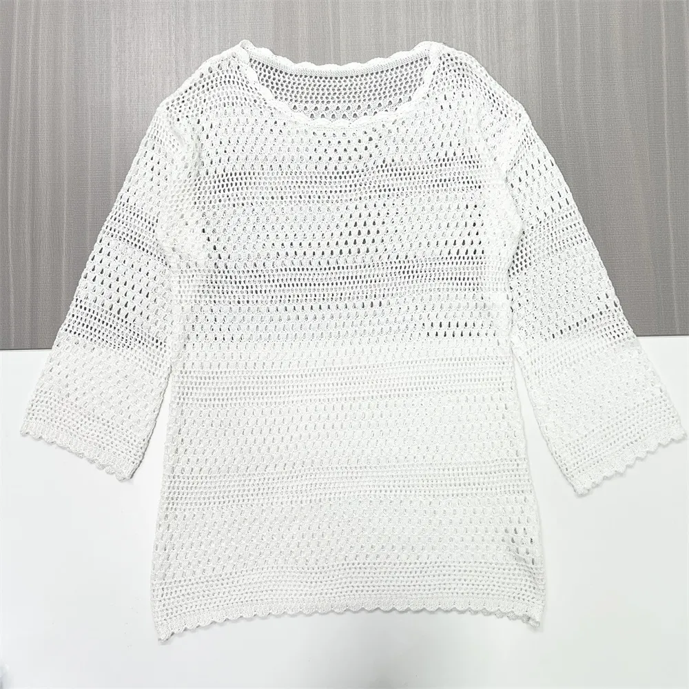 Women's White Openwork Knit Tunic (3/4 Bell Sleeves, Scalloped Hem & Crew Neck)