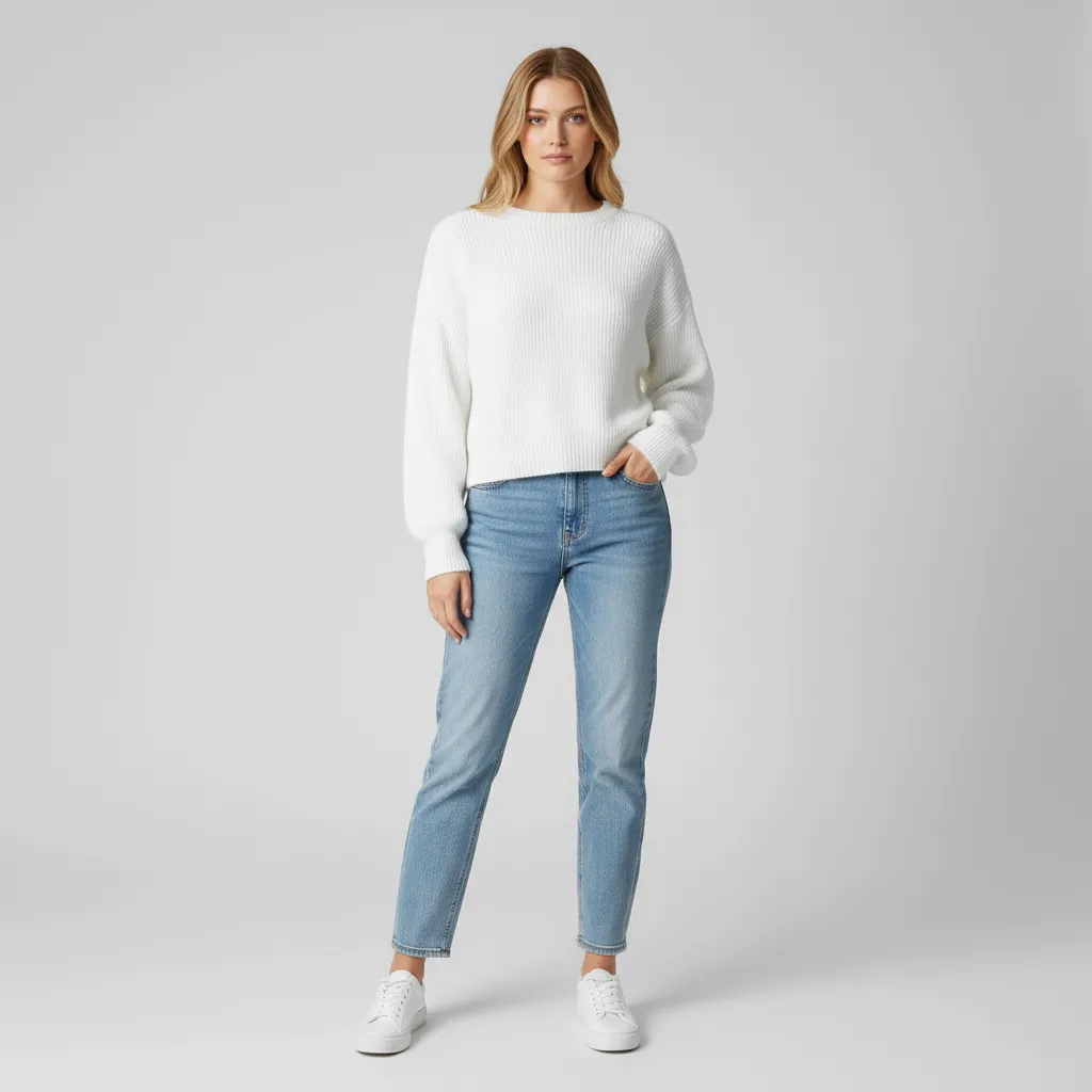 Women's White Ribbed Knit Sweater (Crop Fit, Puff Sleeve & Crew Neck)