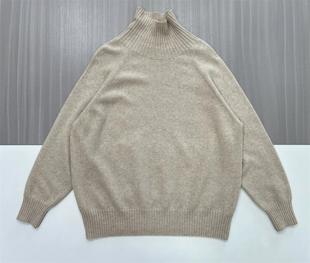 Women's Beige Turtleneck Knit Sweater (Oversized Fit, Soft Texture & Ribbed Trims)