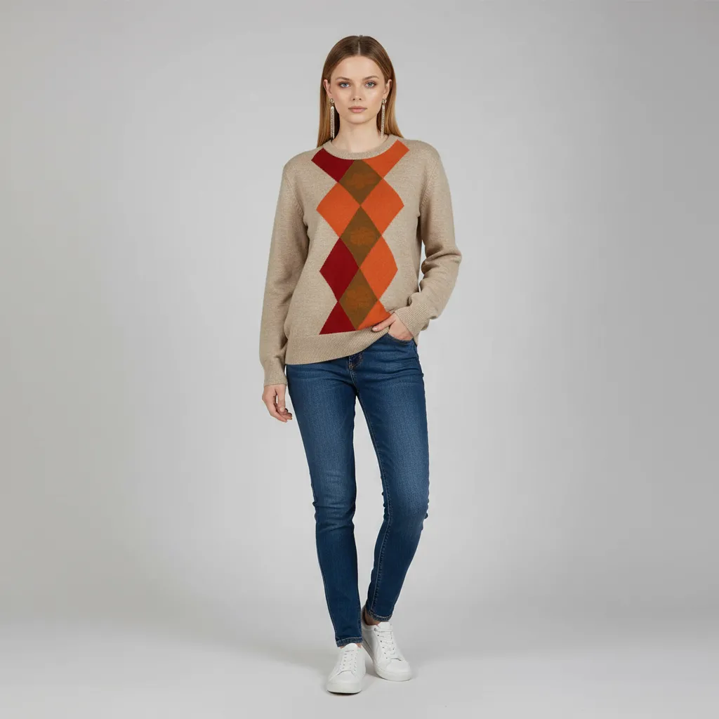 Women's Beige Argyle Knit Sweater (Crew Neck Red & Orange Diamond Pattern)