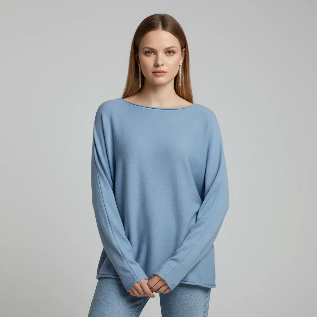 Women's Light Blue Boat Neck Knit Top (Oversized Fit, Long Sleeve & Side Slit)