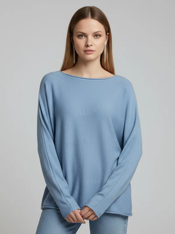Women's Light Blue Boat Neck Knit Top (Oversized Fit, Long Sleeve & Side Slit)
