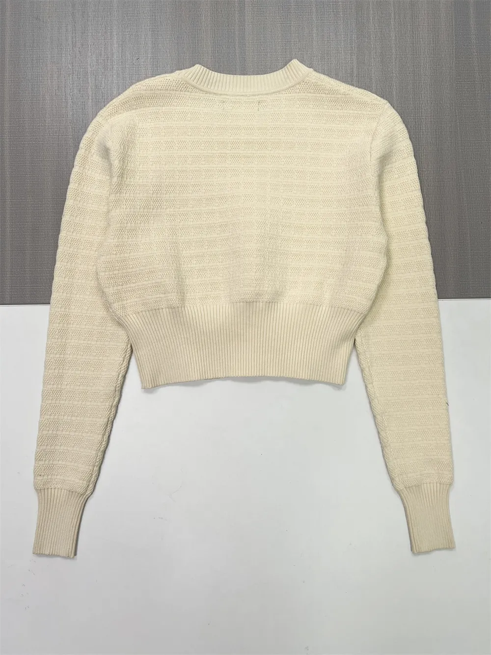 Women's Ivory Textured Knit Sweater (Crop Fit Side Button Accents & Crew Neck)