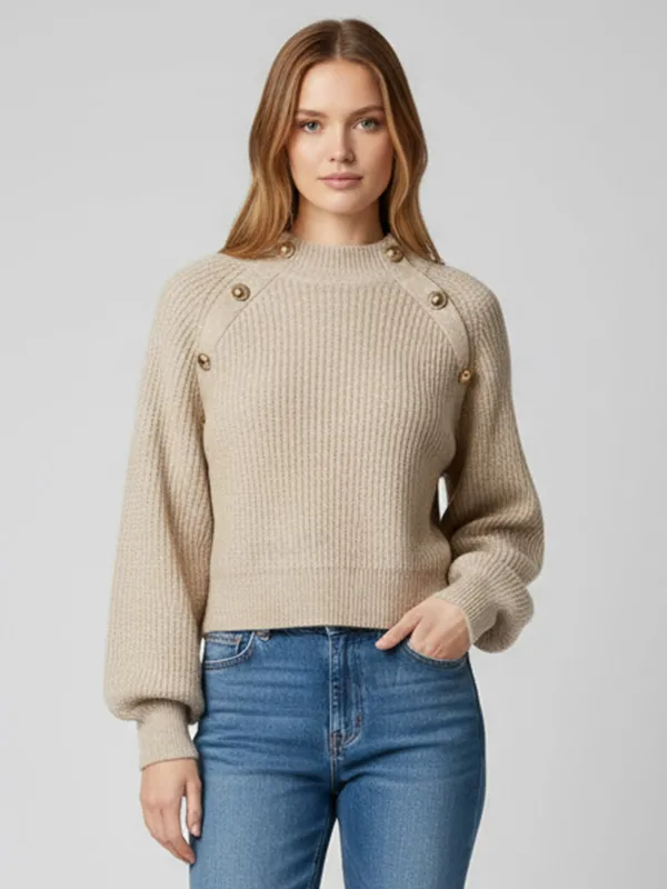 Women's Ivory Textured Knit Sweater (Crop Fit Side Button Accents & Crew Neck)