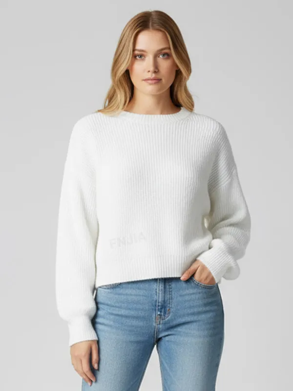 Women's White Ribbed Knit Sweater (Crop Fit, Puff Sleeve & Crew Neck)