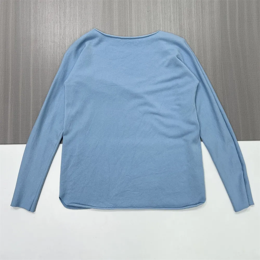 Women's Light Blue Boat Neck Knit Top (Oversized Fit, Long Sleeve & Side Slit)