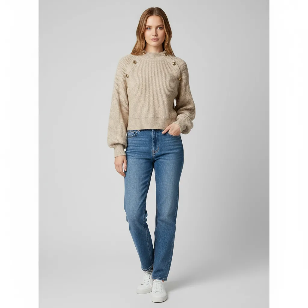 Women's Ivory Textured Knit Sweater (Crop Fit Side Button Accents & Crew Neck)