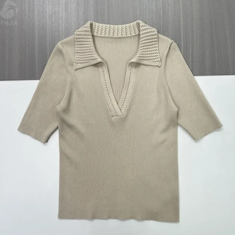 FNJIA Women's Casual Summer Short Pullover with Striped Knit V-neck