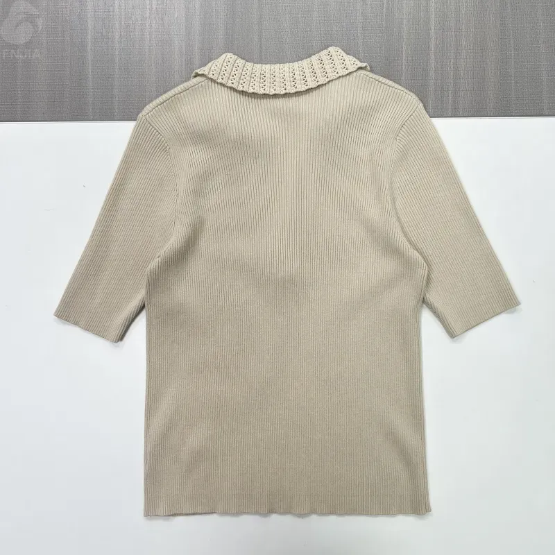 FNJIA Women's Casual Summer Short Pullover with Striped Knit V-neck