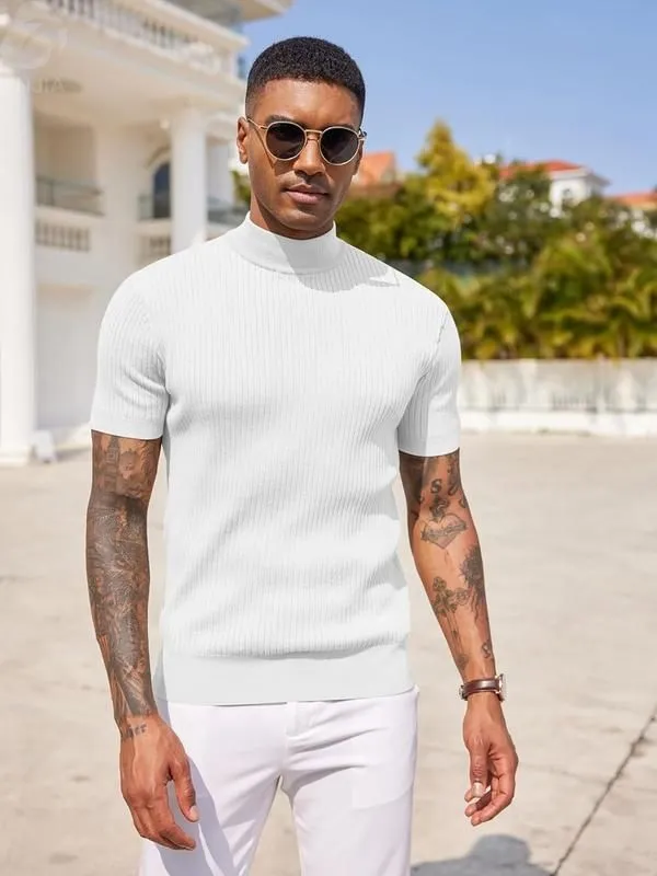 Men's Mock Turtleneck Sweater Short Sleeve Casual Basic Tops Ribbed Knit Pullover Solid Tee