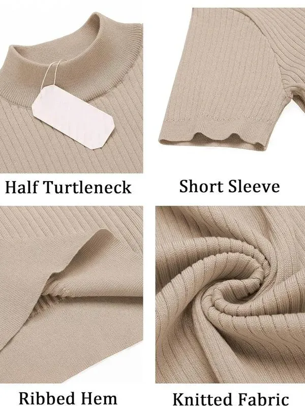 Men's Mock Turtleneck Sweater Short Sleeve Casual Basic Tops Ribbed Knit Pullover Solid Tee