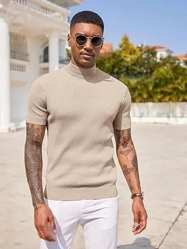 Men's Mock Turtleneck Sweater Short Sleeve Casual Basic Tops Ribbed Knit Pullover Solid Tee