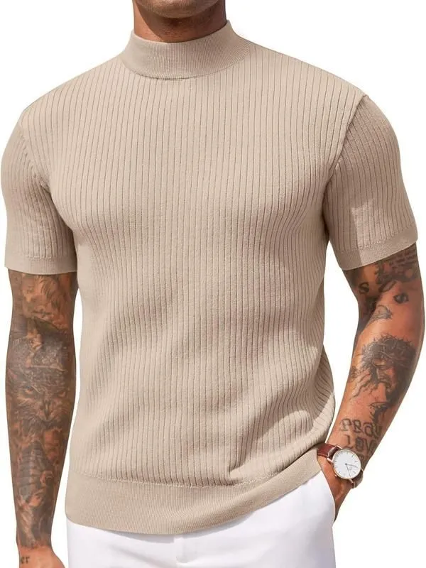 Men's Mock Turtleneck Sweater Short Sleeve Casual Basic Tops Ribbed Knit Pullover Solid Tee
