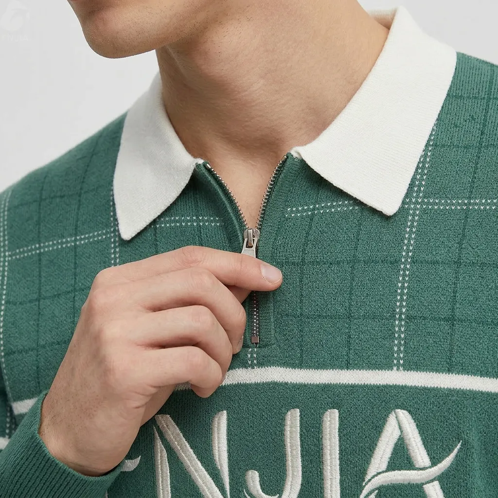 Men's Casual Winter Top Stripe Knit Turndown Sweater Contrast Collar Long Sleeve Soft Cotton Blend OEM Front Logo