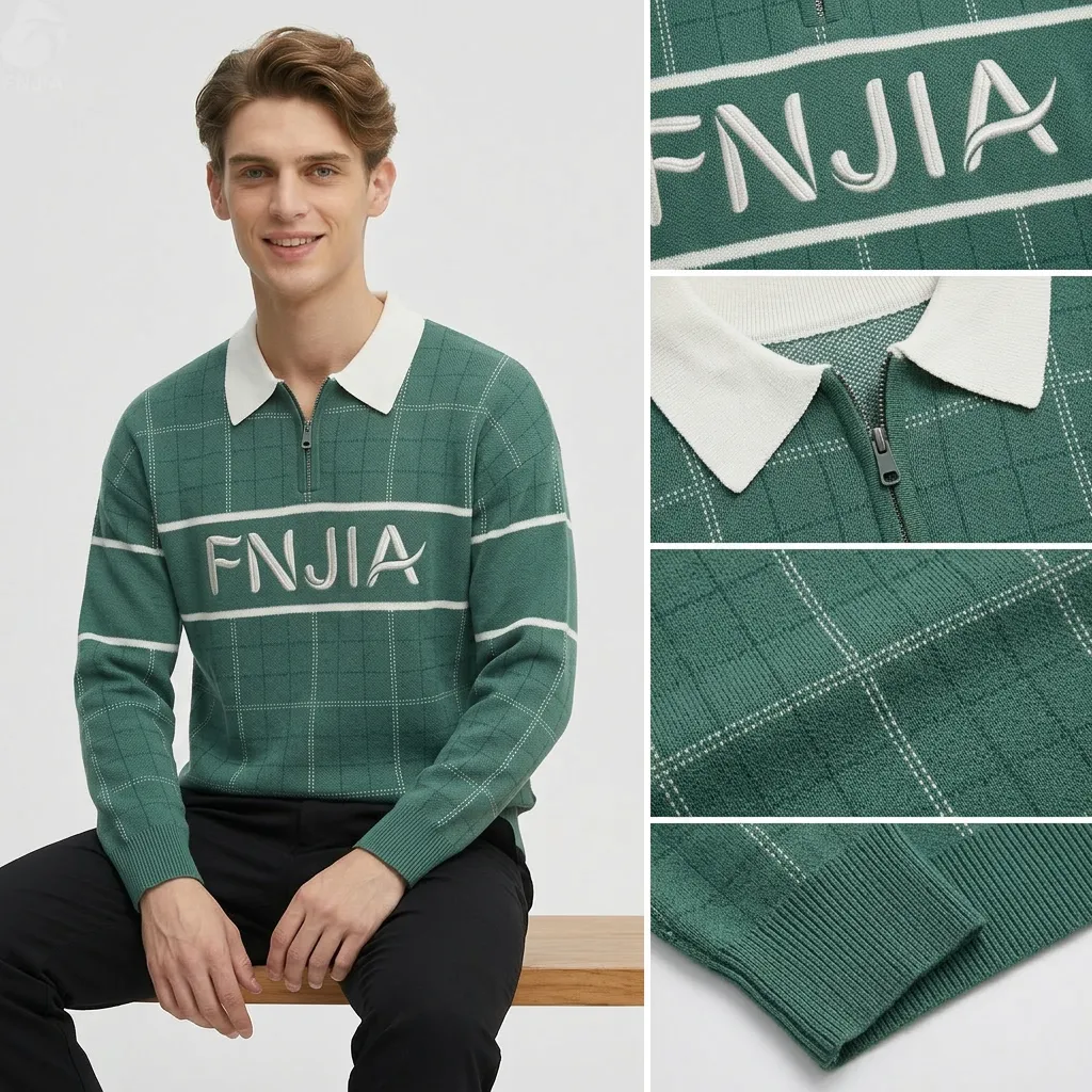 Men's Casual Winter Top Stripe Knit Turndown Sweater Contrast Collar Long Sleeve Soft Cotton Blend OEM Front Logo