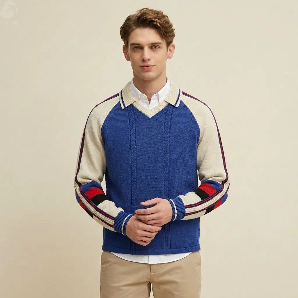 Men's Custom Logo Front Embroidery 3D Striped Knitted Rugby Sweater Pullover Winter Anti-Wrinkle Anti-Shrink