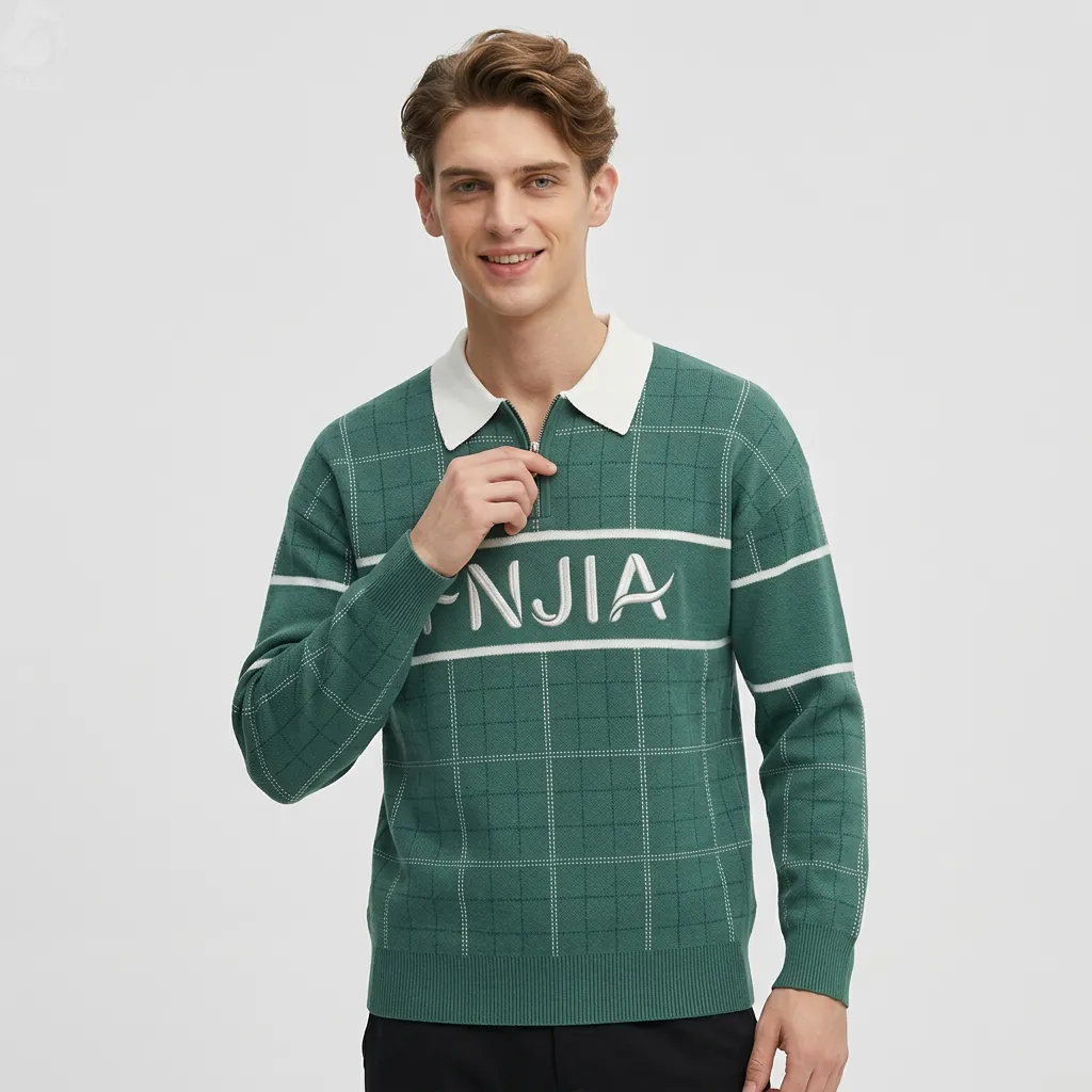 Men's Casual Winter Top Stripe Knit Turndown Sweater Contrast Collar Long Sleeve Soft Cotton Blend OEM Front Logo