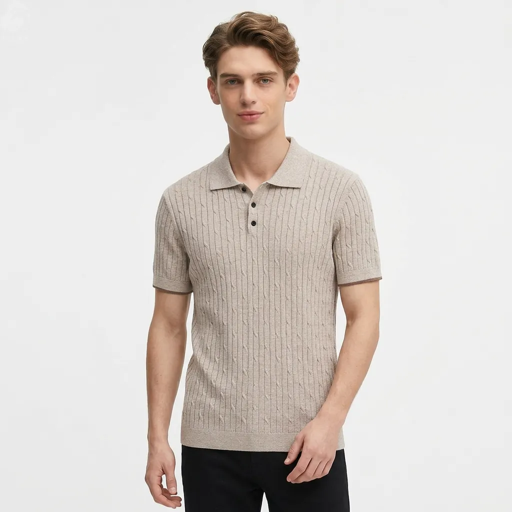 New solid color knitted casual fashion men's polo shirt, summer turn-down collar versatile short-sleeved T-shirt