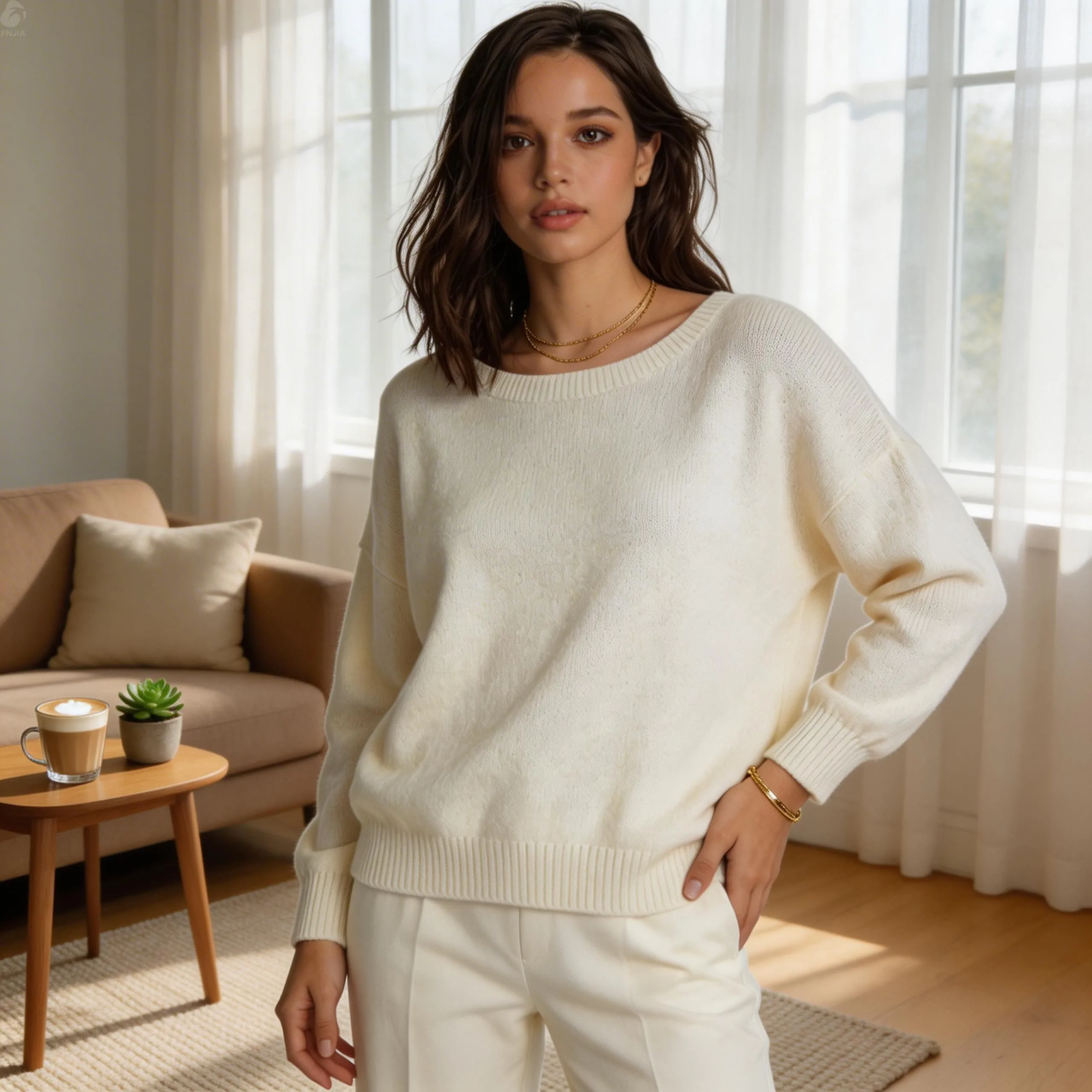FNJIA Autumn/Winter European Style Round Neck Loose-fitting Pullover Sweater