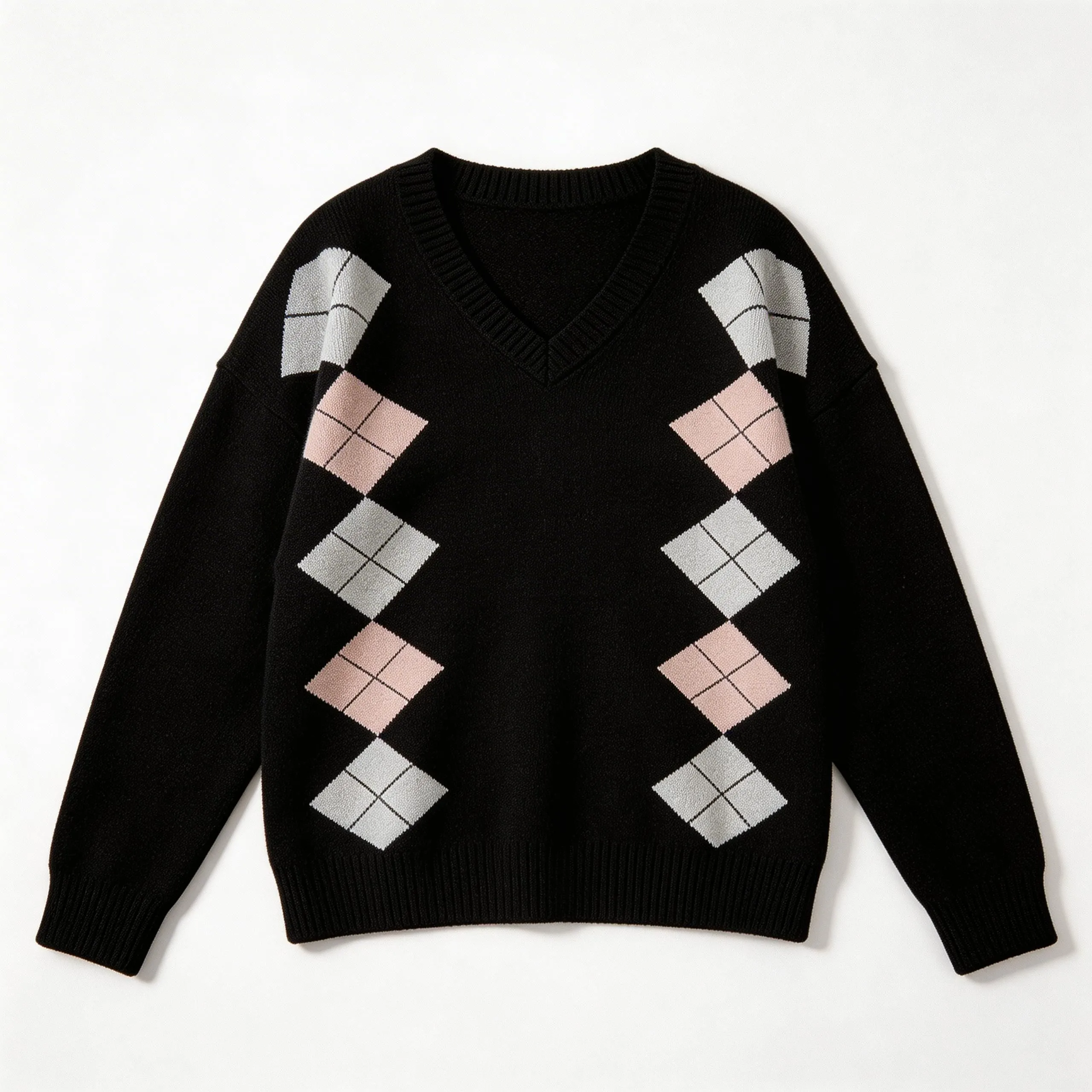 ODM/OEM Women's Diamond Pattern V-Neck Knitted Pullover