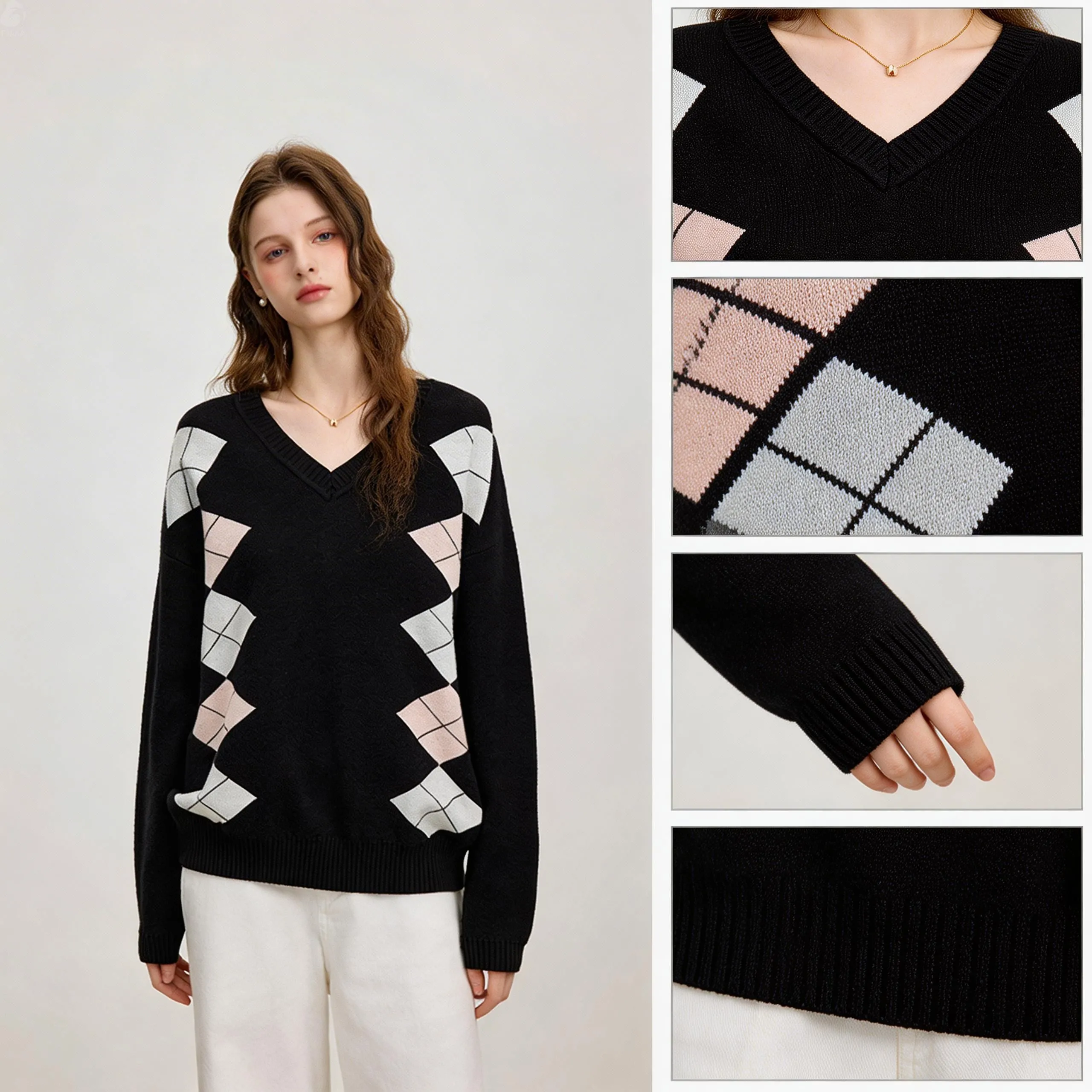 ODM/OEM Women's Diamond Pattern V-Neck Knitted Pullover