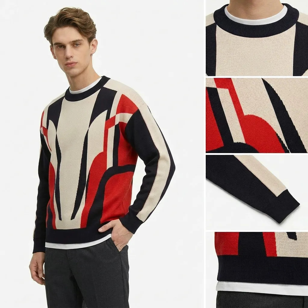 Customized men's sweater pullover jacquard pattern knit sweater autumn and winter round neck casual pullover men's knit sweater