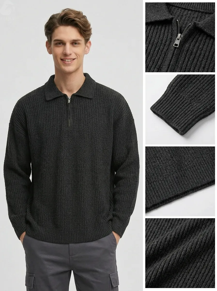 FNJIA Men's half-zip cotton knit sweater casual Korean style quarter-zip knit 100% cotton