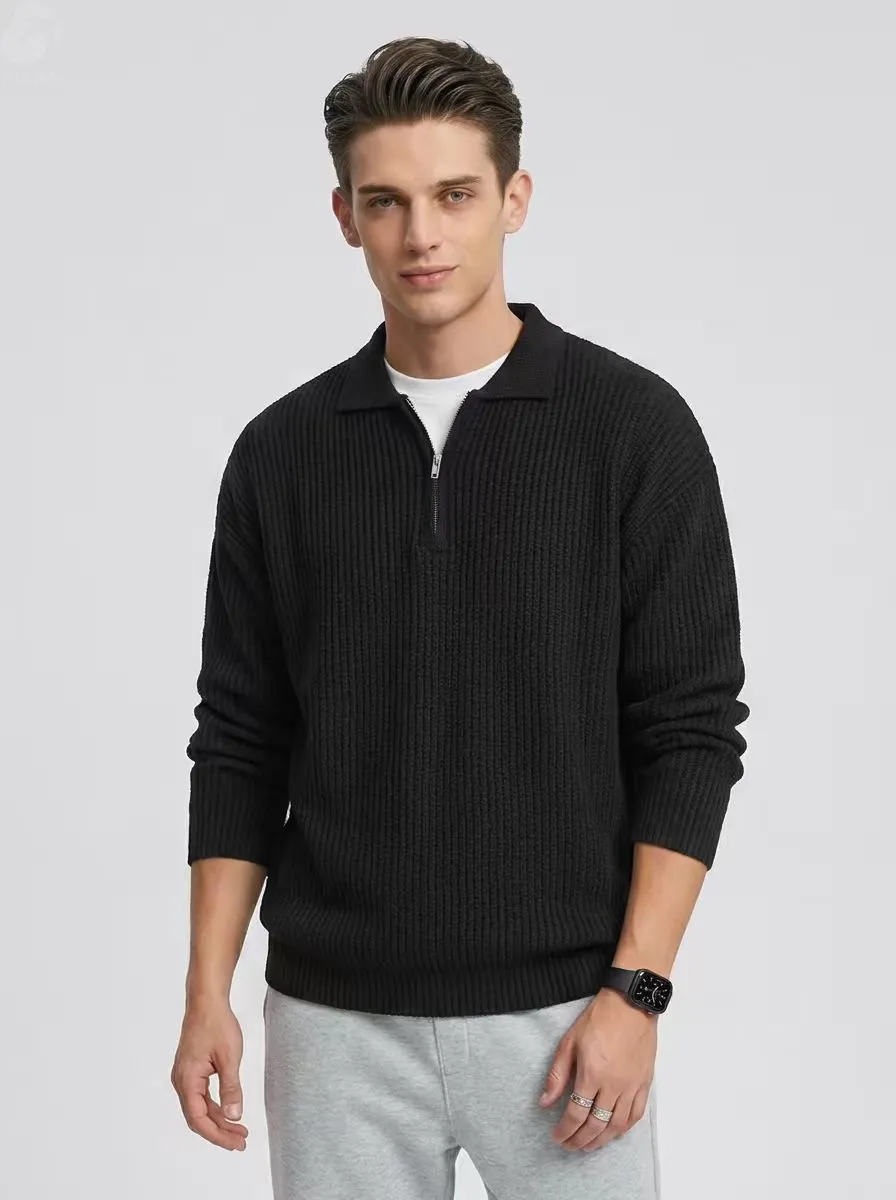 FNJIA Men's half-zip cotton knit sweater casual Korean style quarter-zip knit 100% cotton