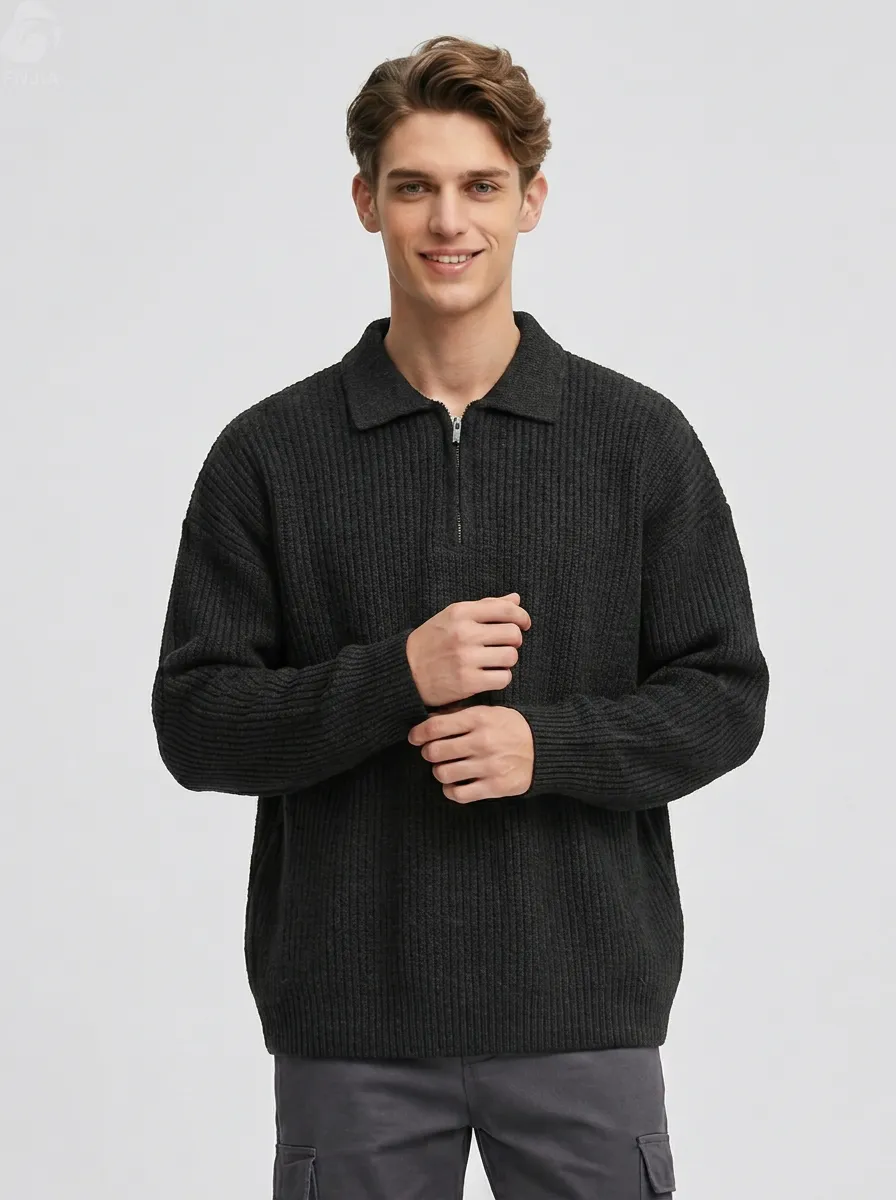 FNJIA Men's half-zip cotton knit sweater casual Korean style quarter-zip knit 100% cotton