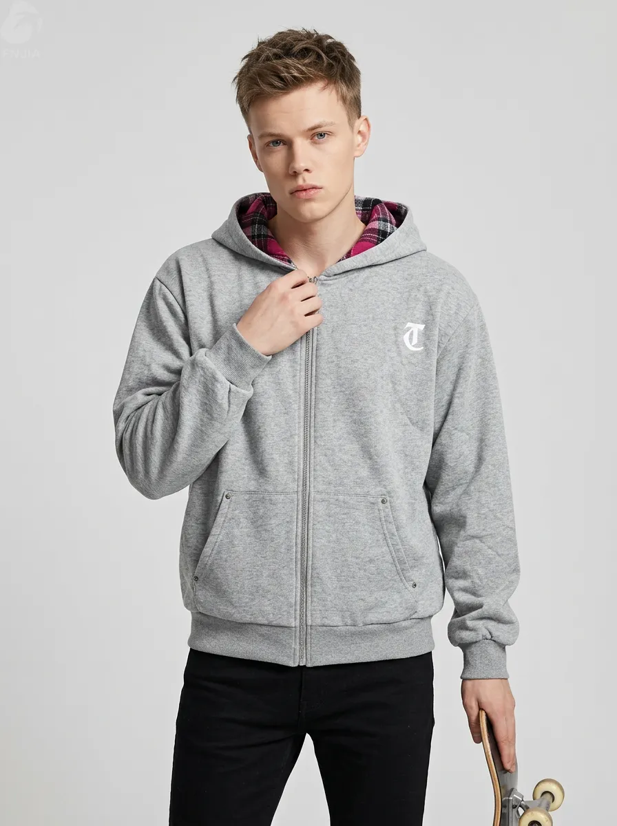 Men's Solid Color Zip-Up Hoodie, Loose Fit Casual Jacket