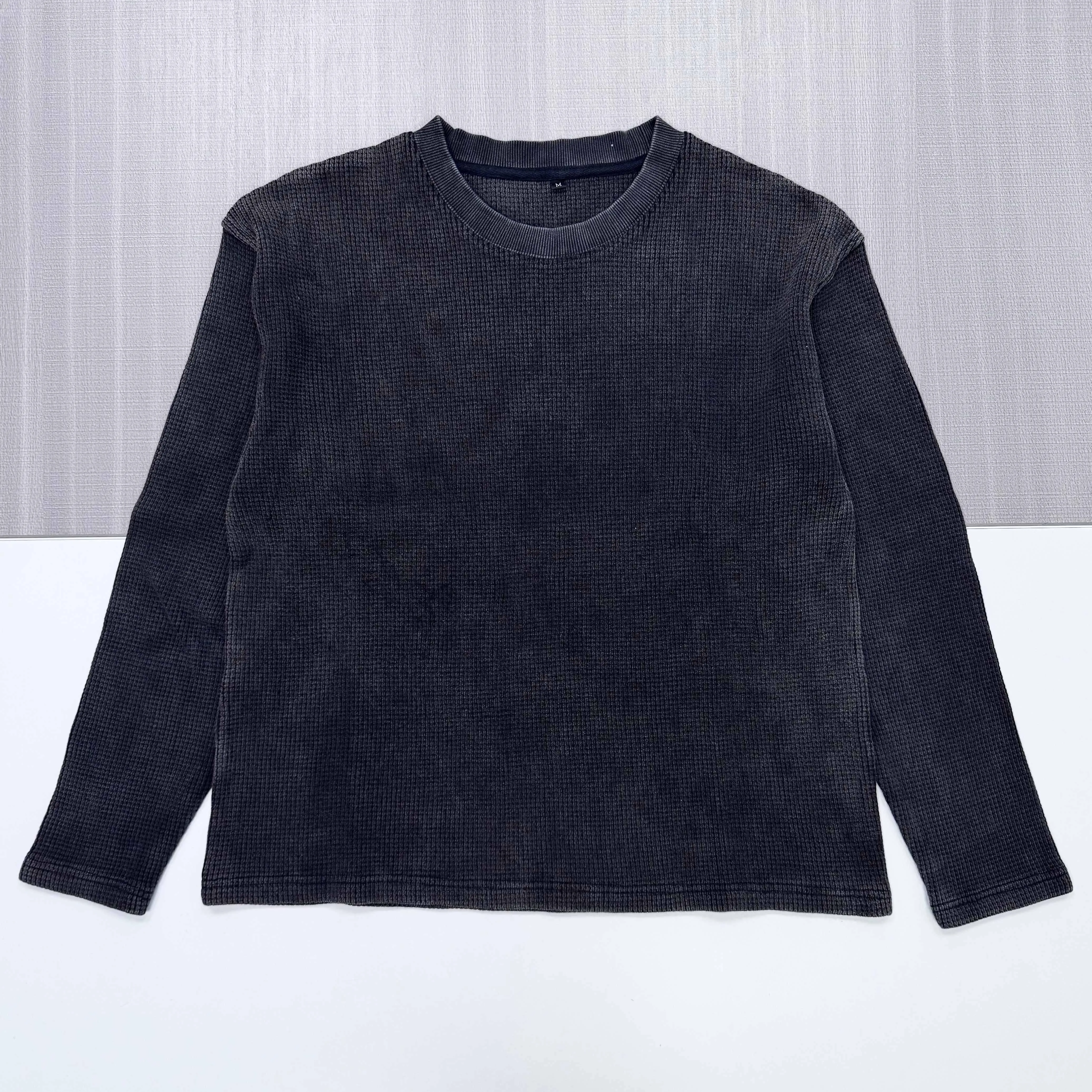 Men's Oversized Waffle Knit Crewneck Sweatshirt - Vintage Washed Charcoal | Premium Cotton Blend