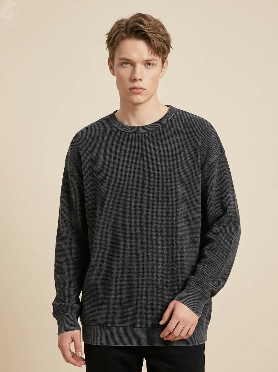 Men's Oversized Waffle Knit Crewneck Sweatshirt - Vintage Washed Charcoal | Premium Cotton Blend