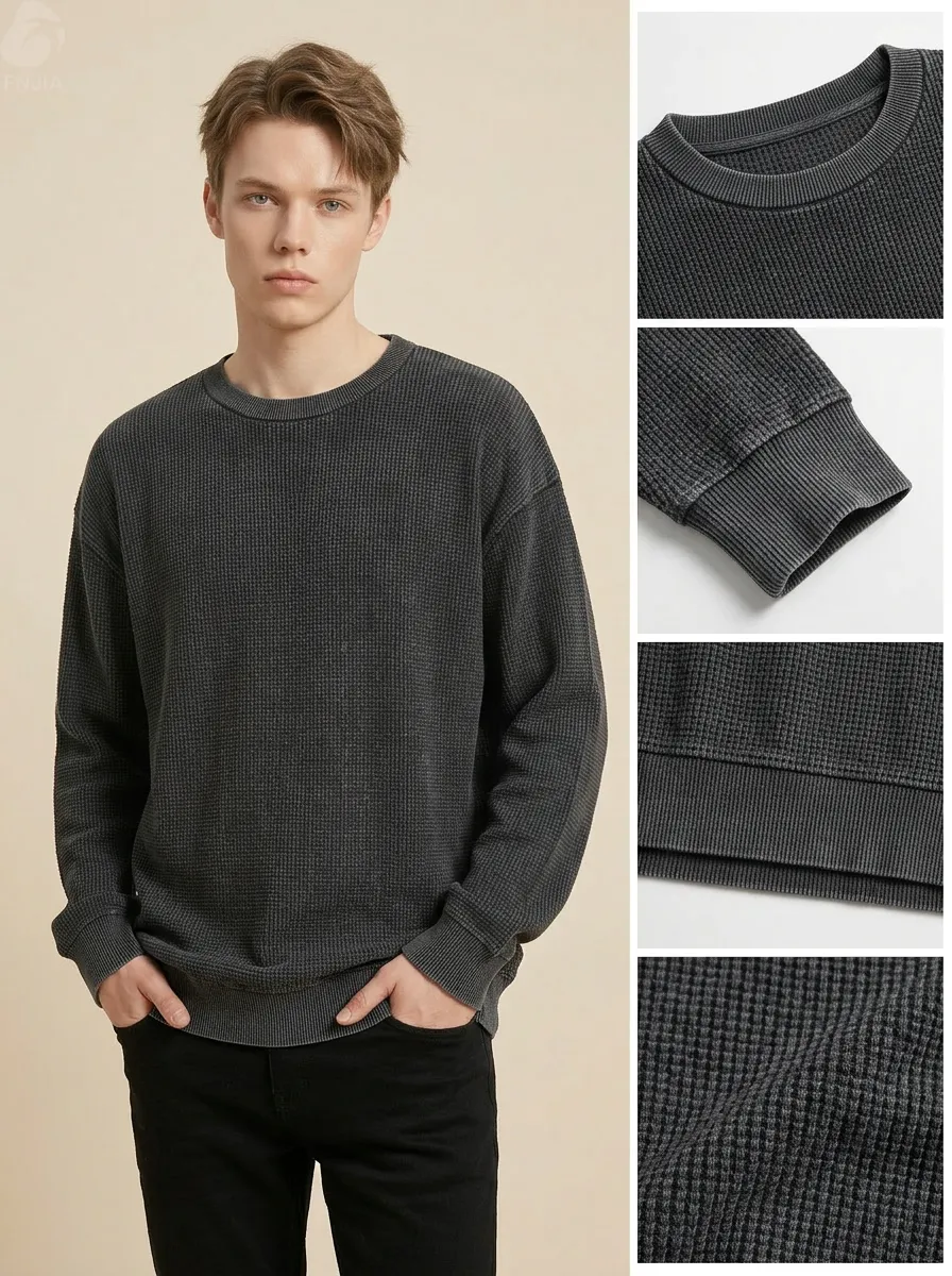 Men's Oversized Waffle Knit Crewneck Sweatshirt - Vintage Washed Charcoal | Premium Cotton Blend