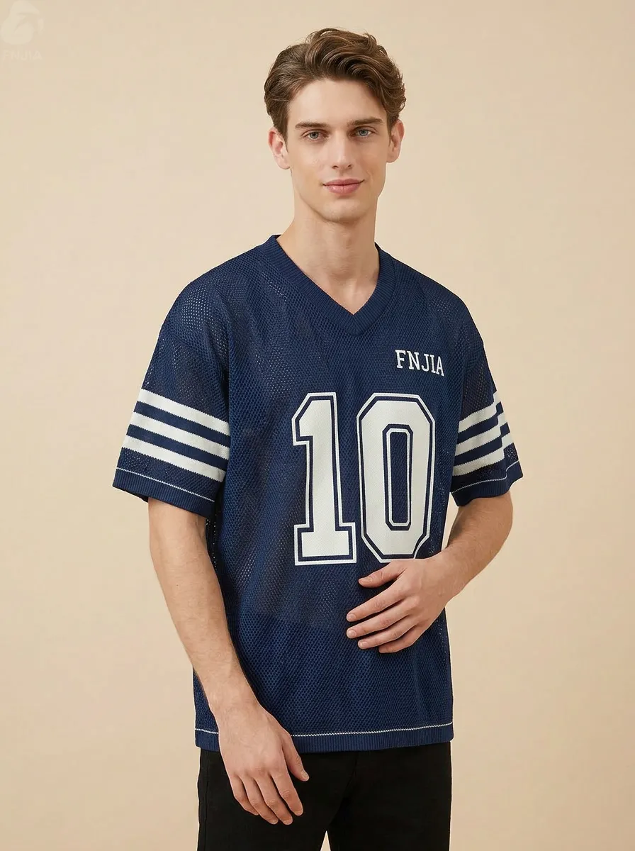 ODM/OEM Custom Men's V-Neck Navy Blue Mesh Jersey