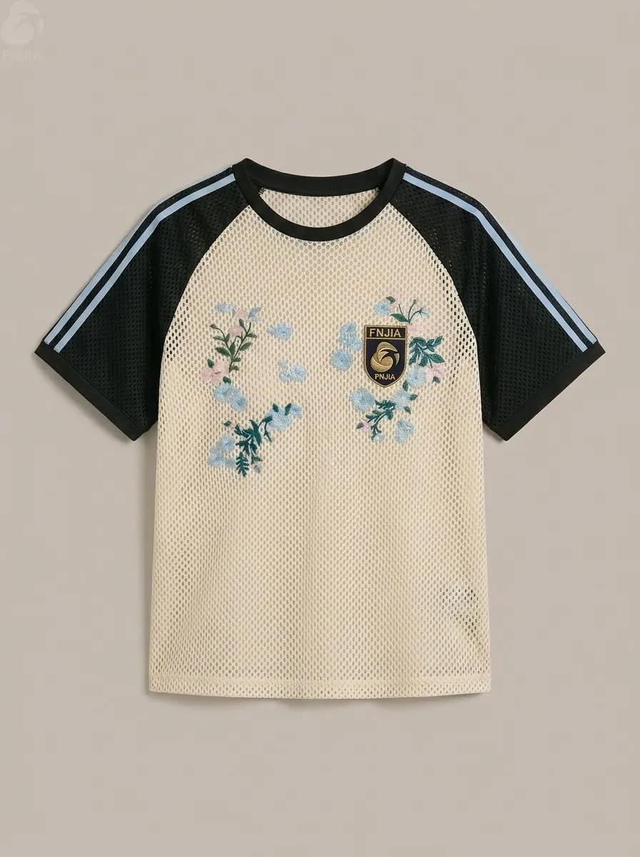 Custom floral embroidered mesh raglan T-shirt/sports jersey