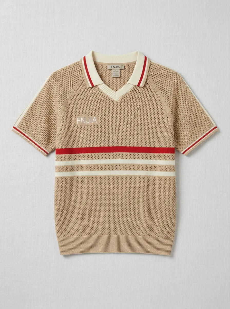Striped openwork mesh knit polo short-sleeved T-shirt jersey