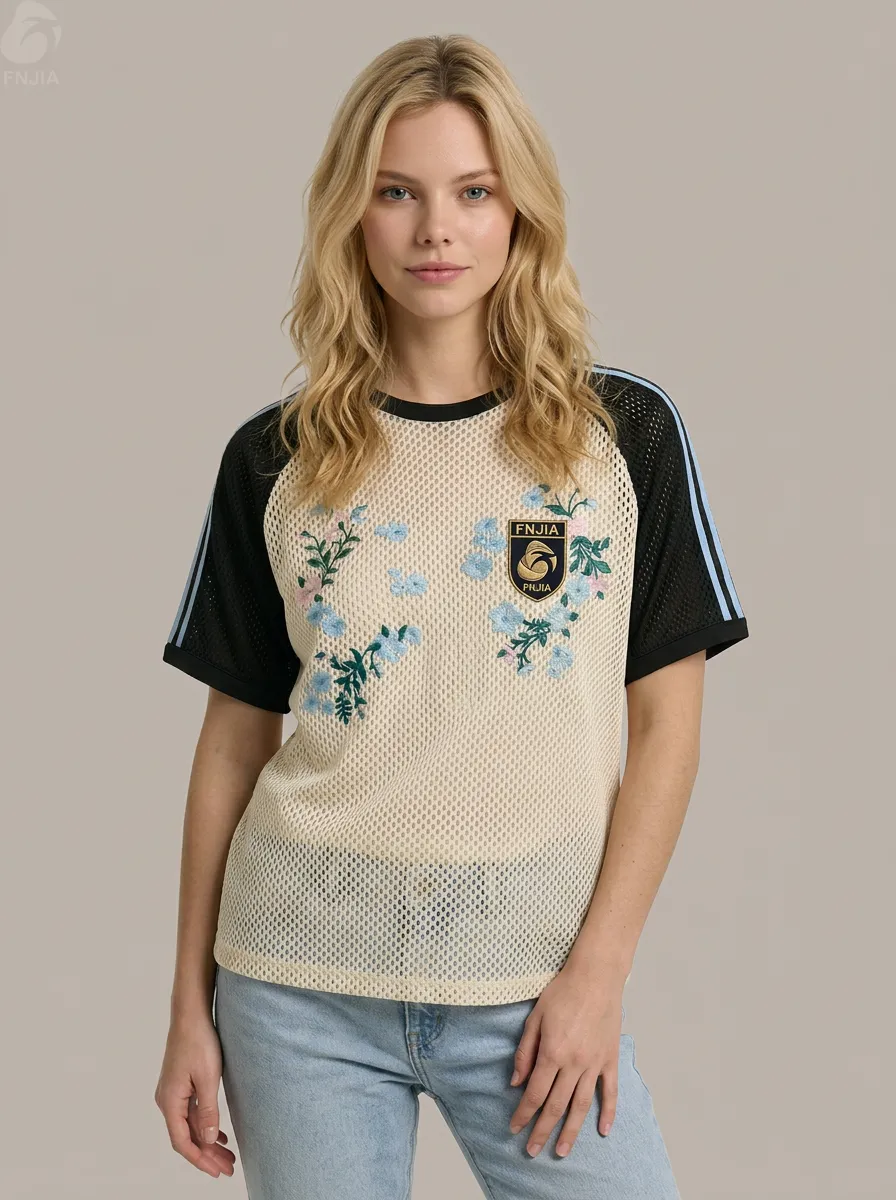 Custom floral embroidered mesh raglan T-shirt/sports jersey